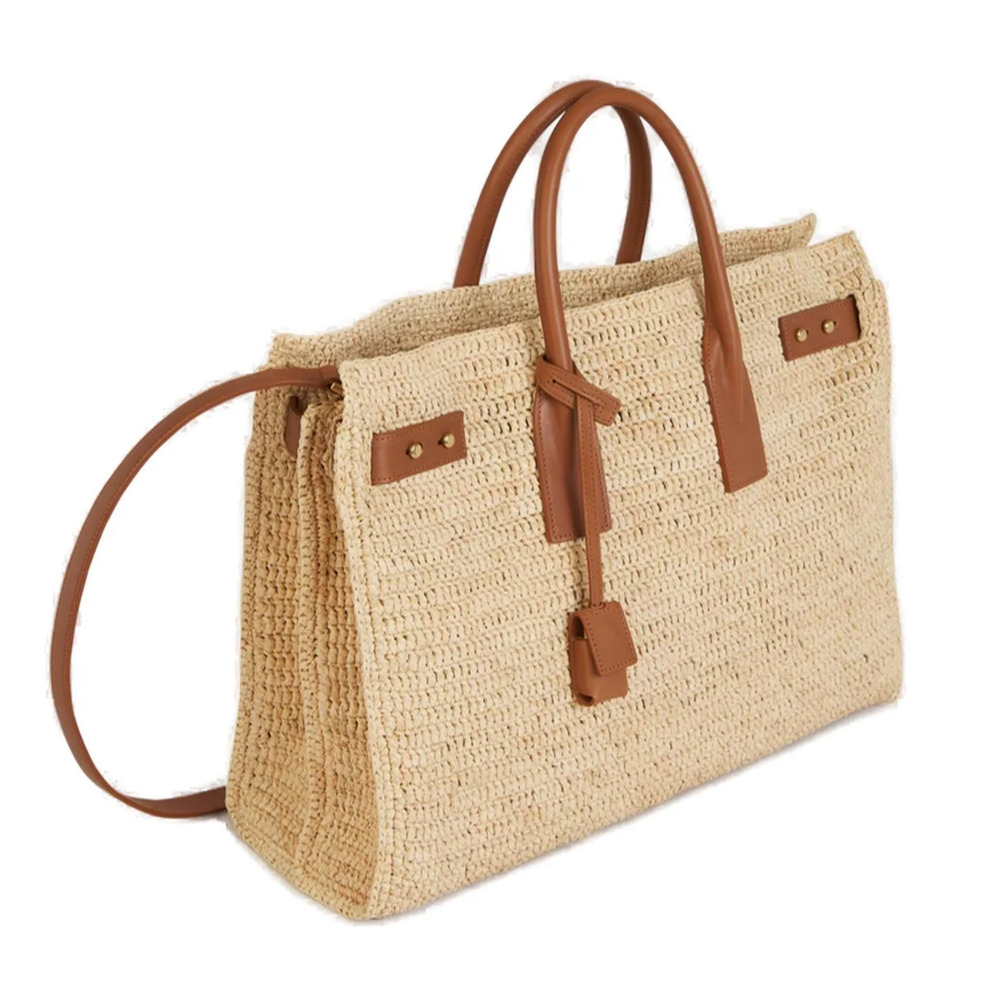 Saint Laurent Medium Sac De Jour Raffia Beige Brown Shoulder Top Handle Tote Bag - Picture 12 of 16